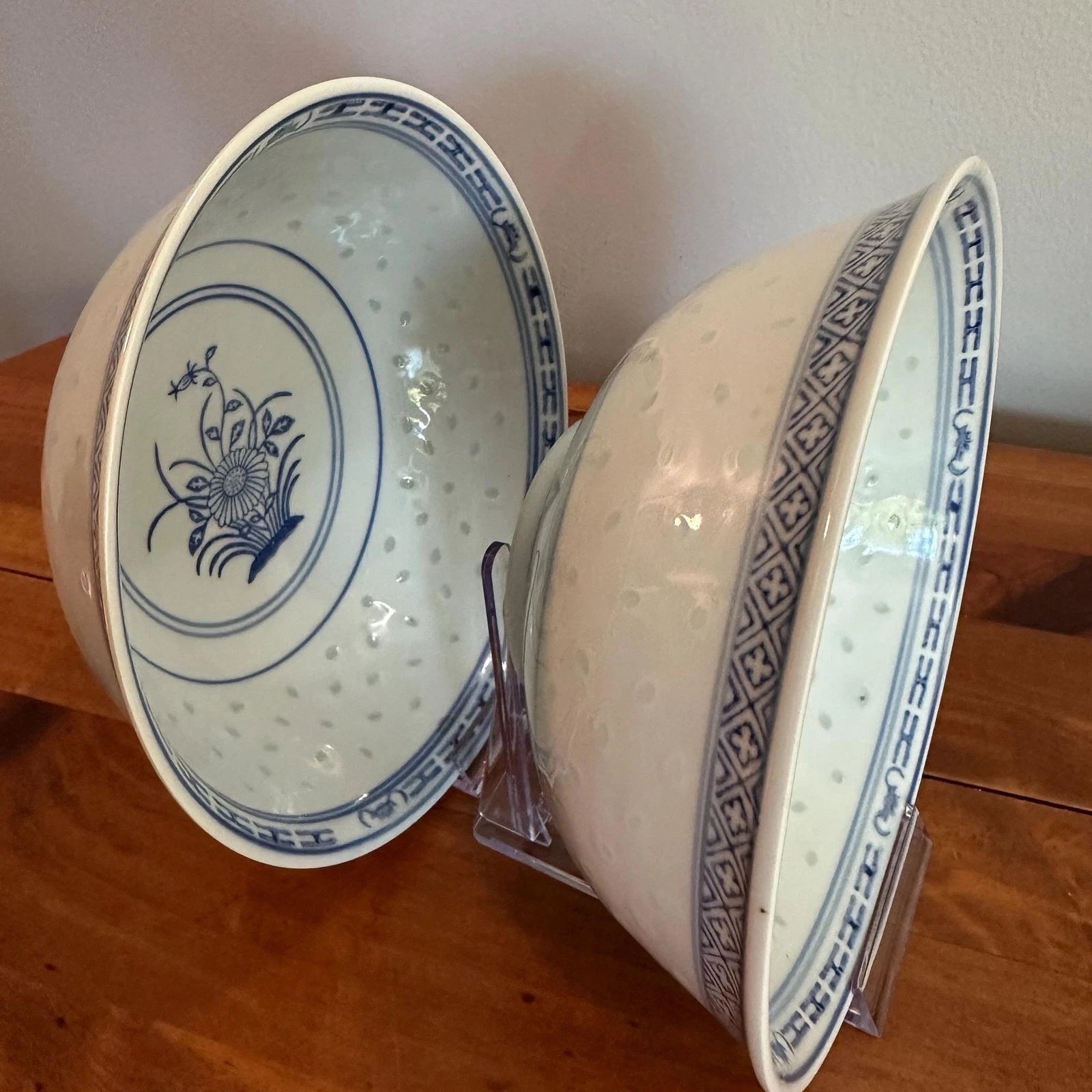 Vintage Jingdezhen Rice Grain Serving Bowls, Blue White Porcelain Chrysanthemum