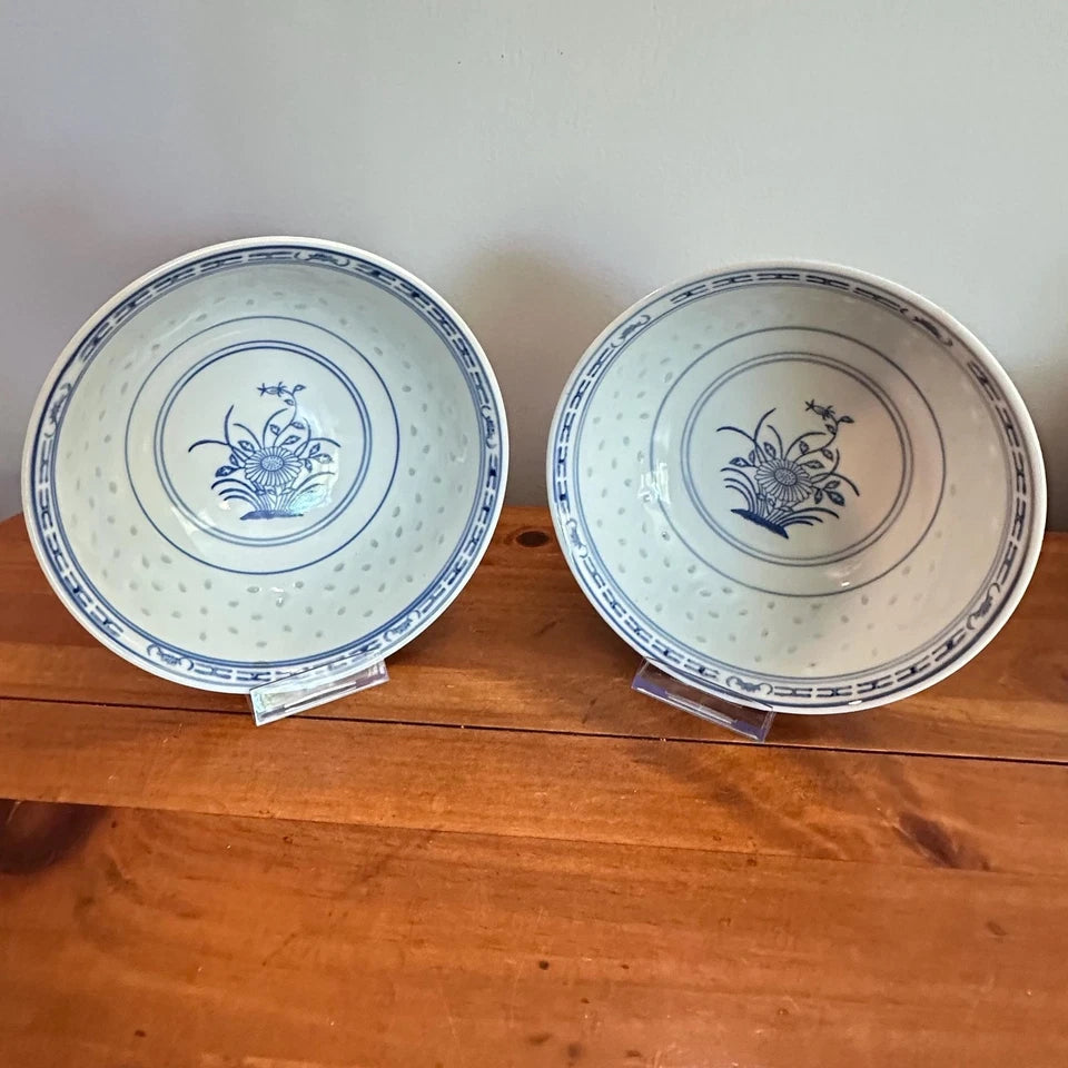 Vintage Jingdezhen Rice Grain Serving Bowls, Blue White Porcelain Chrysanthemum