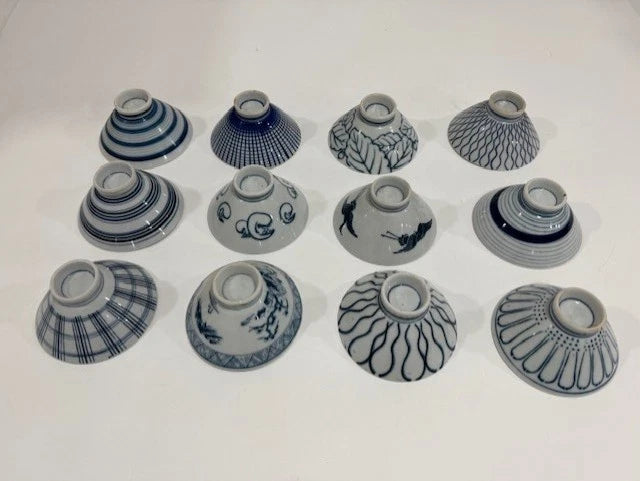 Set of 12 Vintage Blue & White Asian Porcelain Rice Soup Noodle Bowls