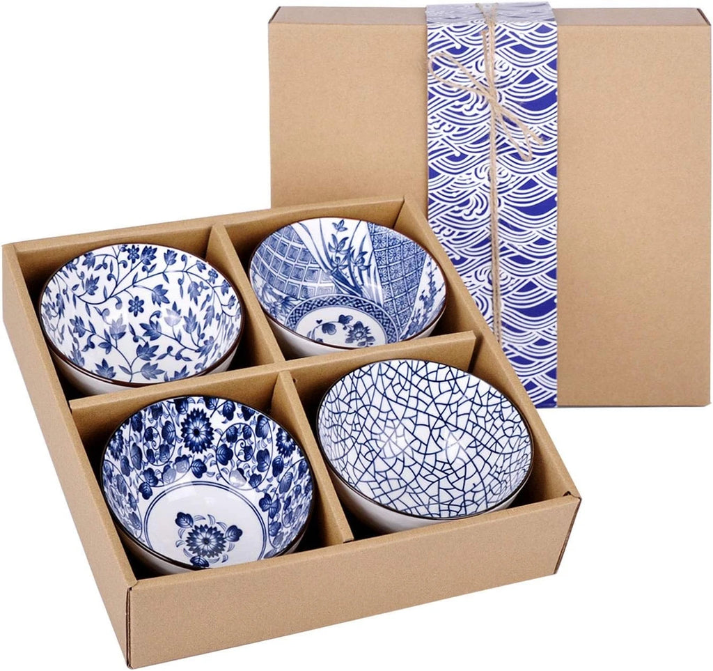 Set of 4 Japanese Style Ceramic Rice Bowl with Gift Box,Blue and White Pattern B