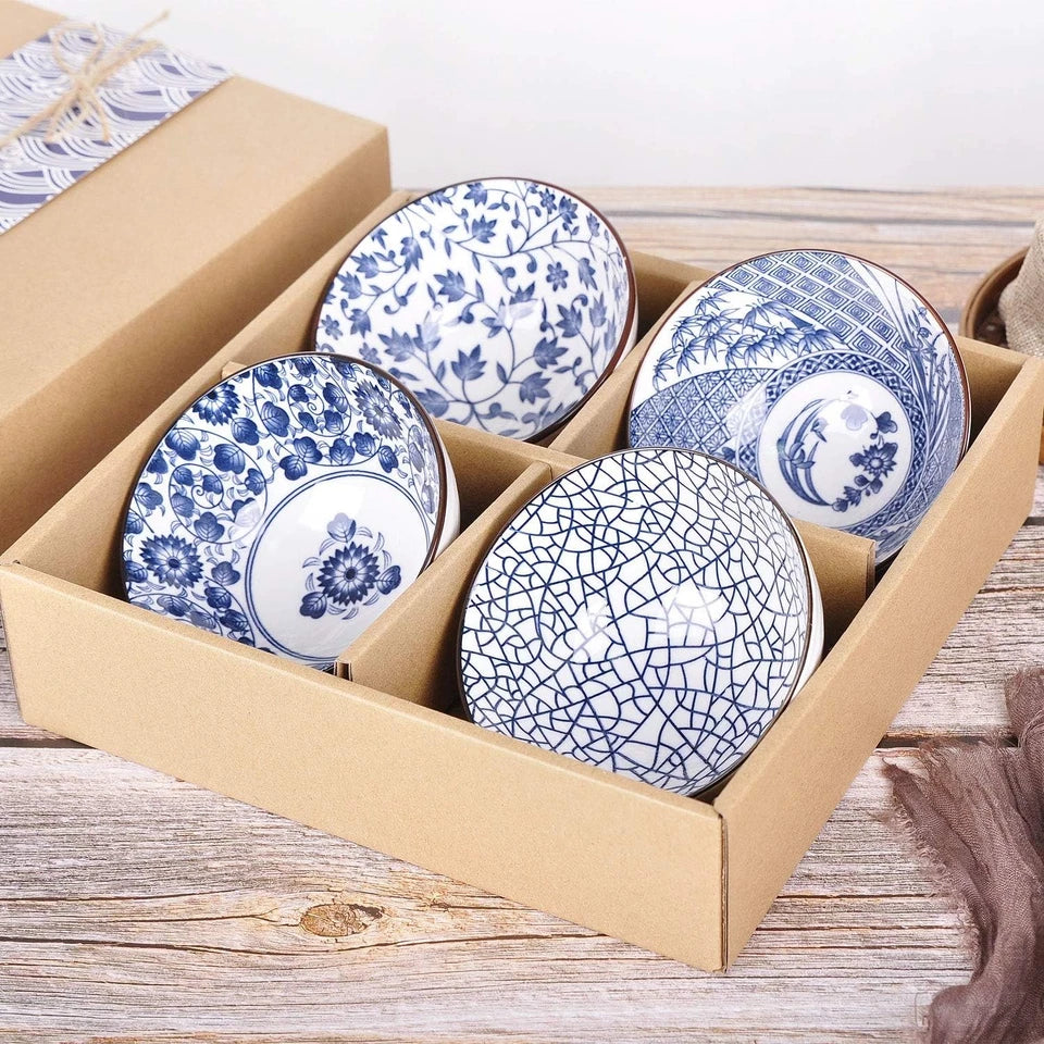 Set of 4 Japanese Style Ceramic Rice Bowl with Gift Box,Blue and White Pattern B