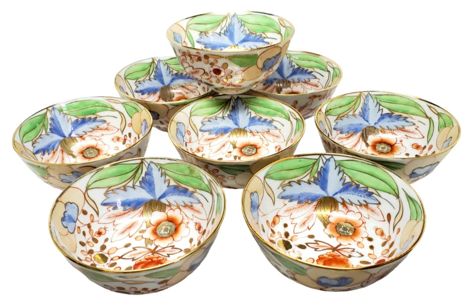 Vintage Y. T. Japanese Set of 8 Floral & Gold Rice Bowls Hand Painted Hong Kong