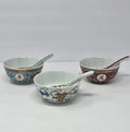 Set Of 3 Vintage Chinese Handpainted Porcelain Rice Soup Bowls Matching Spoons