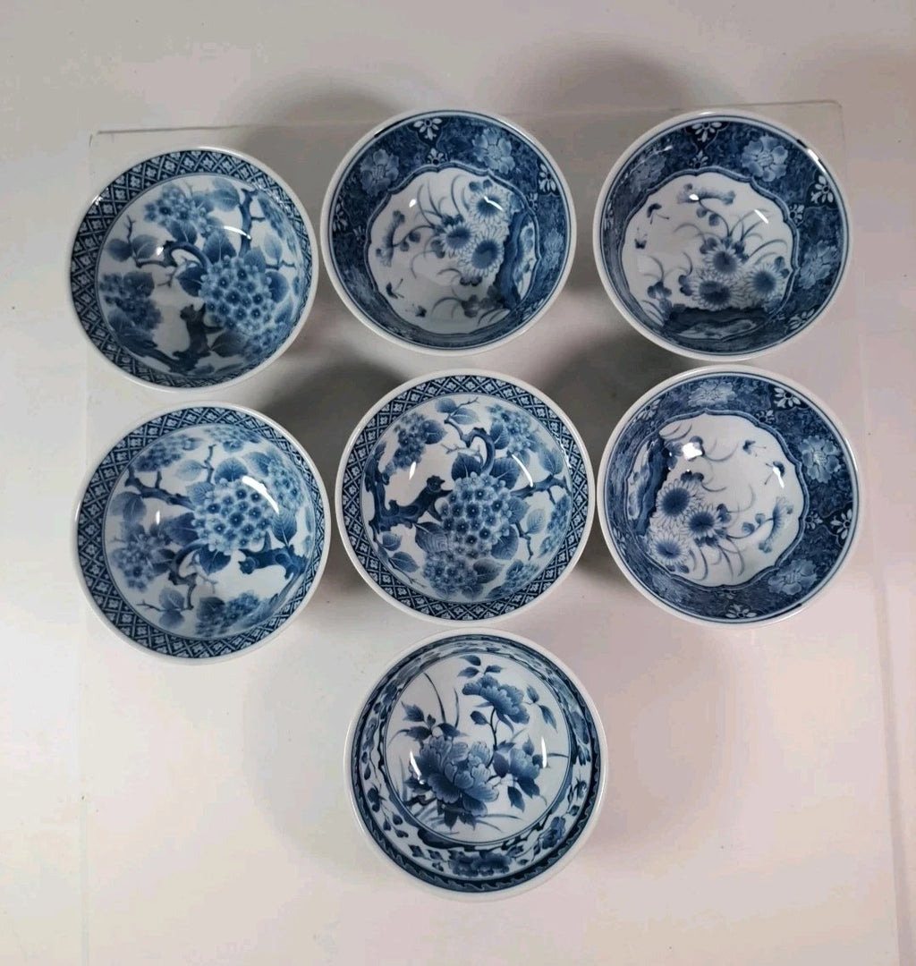 Set of 7 Vintage Japanese Porcelain Blue & White Floral Rice Bowls