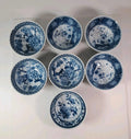Set of 7 Vintage Japanese Porcelain Blue & White Floral Rice Bowls